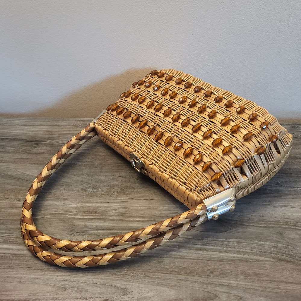 Vintage Beaded Woven Top Handle Bag Natural Wicker MCM - Picture 10 of 10